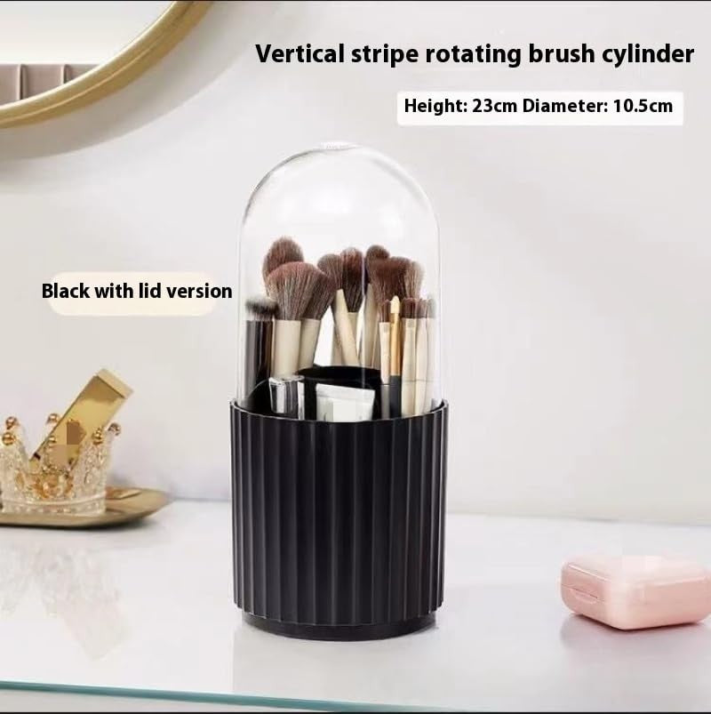 Rotating Makeup Brush Organizer with Lid - 360° Spin Storage