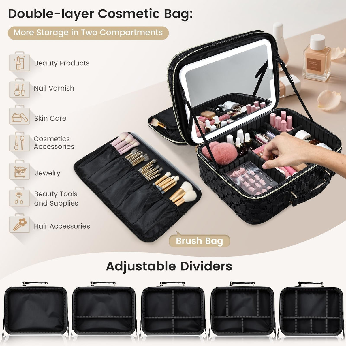 Travel Makeup Bag with LED Lighted Mirror and Double Layer Storage