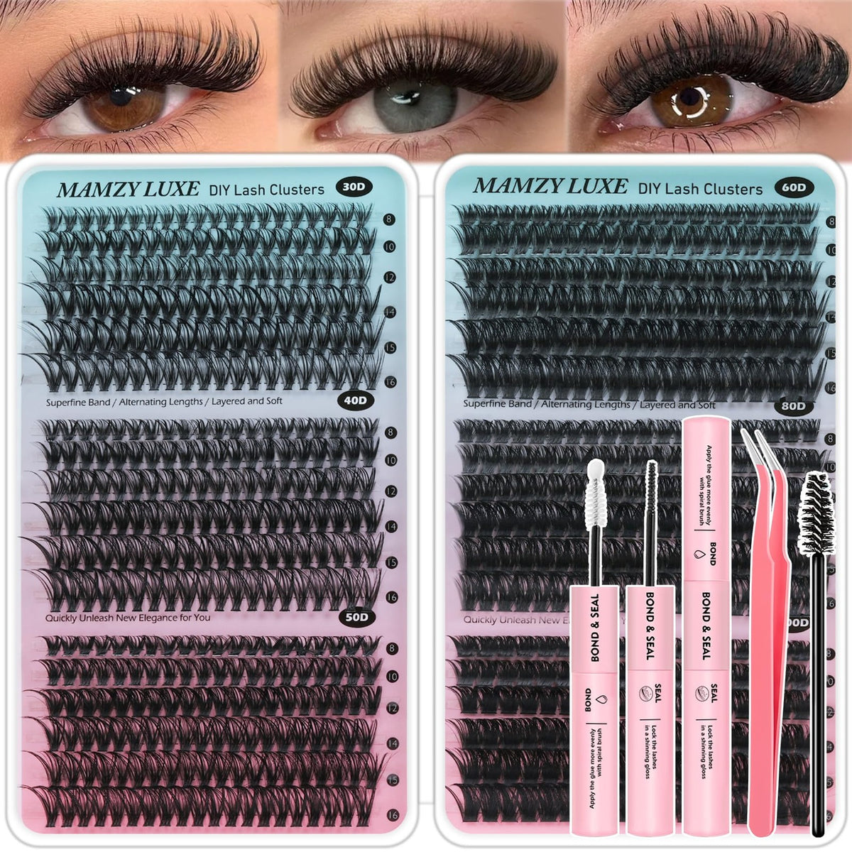 Professional Lash Cluster Kit 708pcs with Bond, Tweezers & 6 Styles