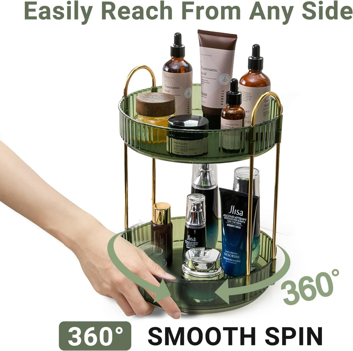 360° Rotating Makeup Organizer for Vanity with 2 Large Capacity Tiers