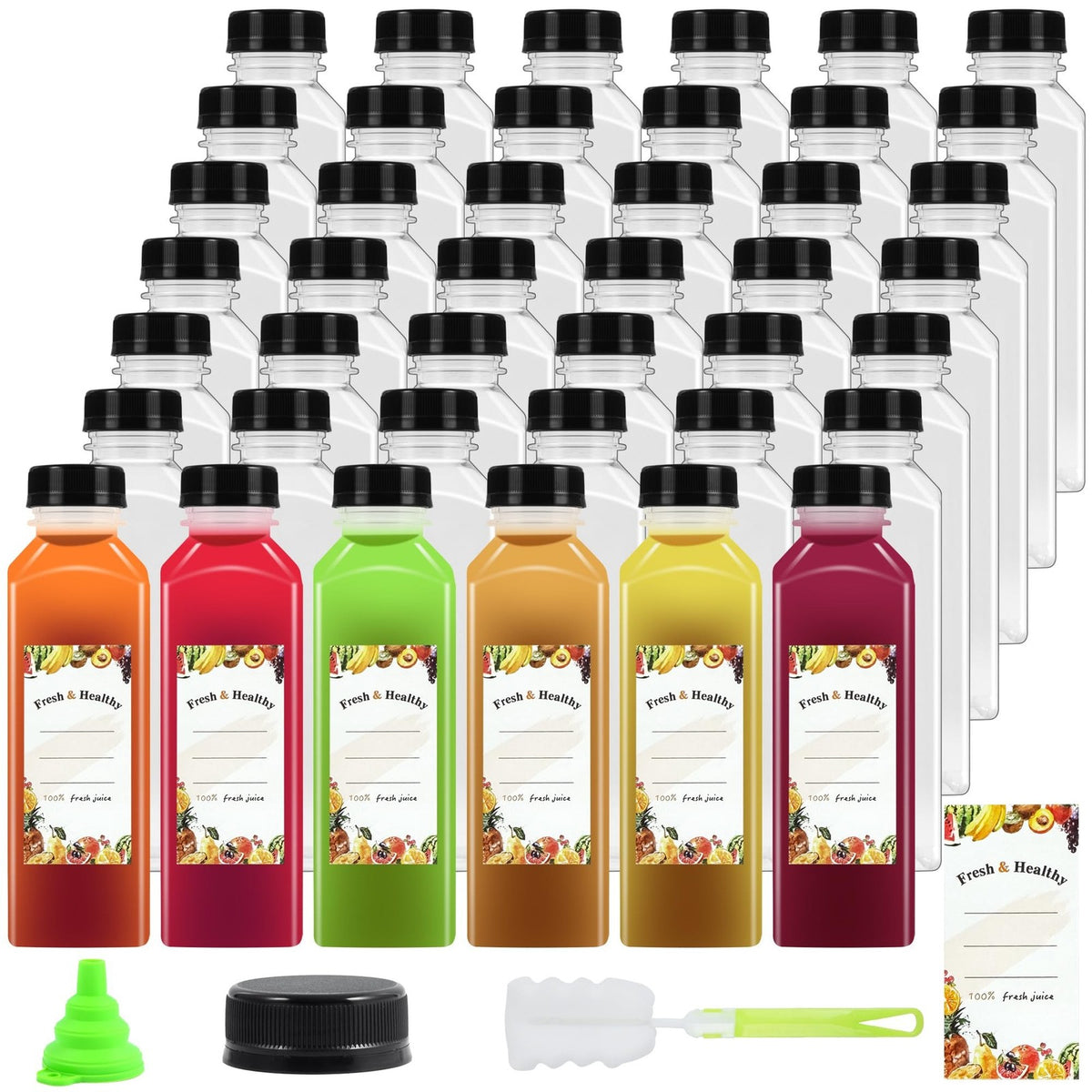 36 Pack 16 oz Reusable Plastic Juice Bottles with Airtight Lids