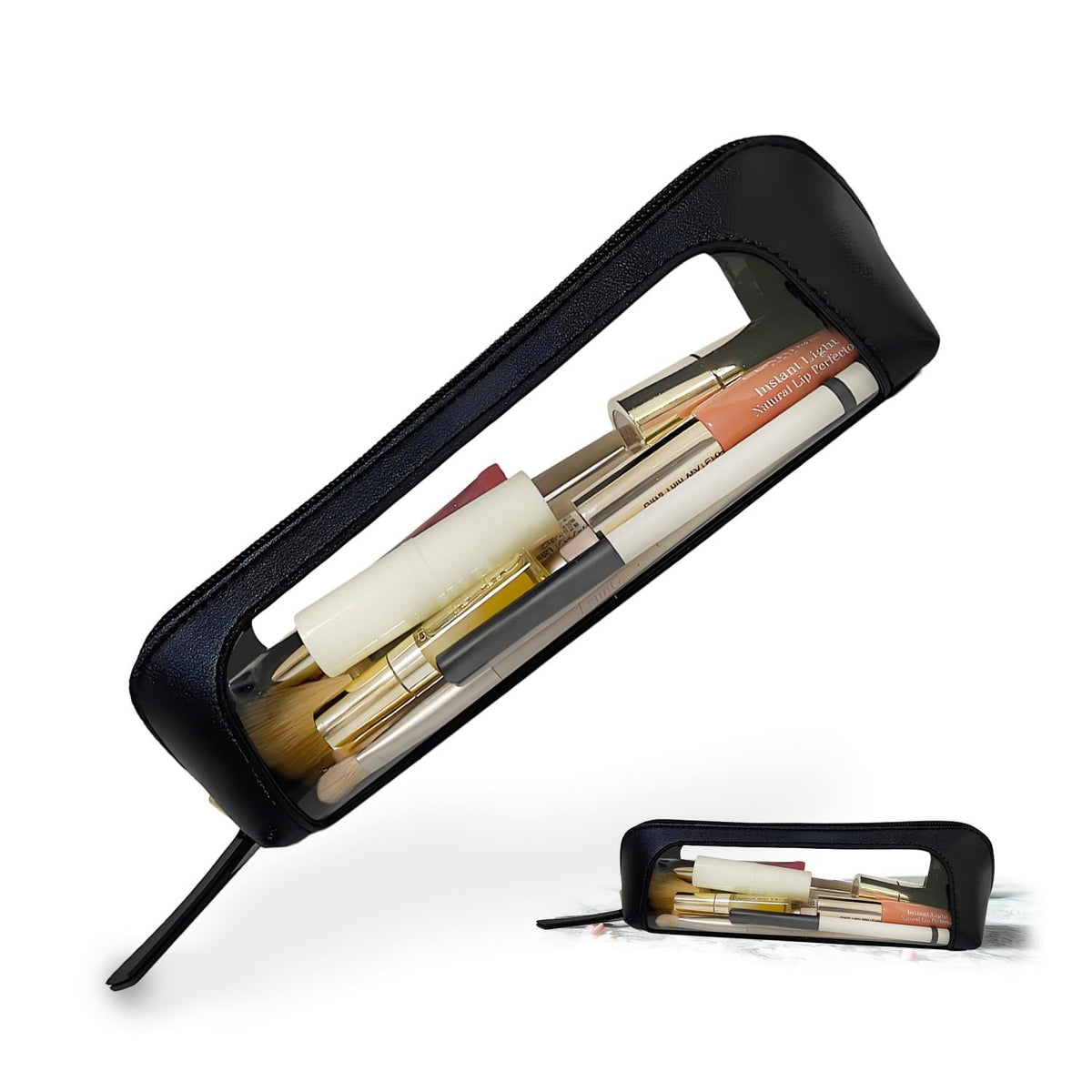 Clear Makeup Brush Bag Case Leather Travel Organizer with Zipper - Black