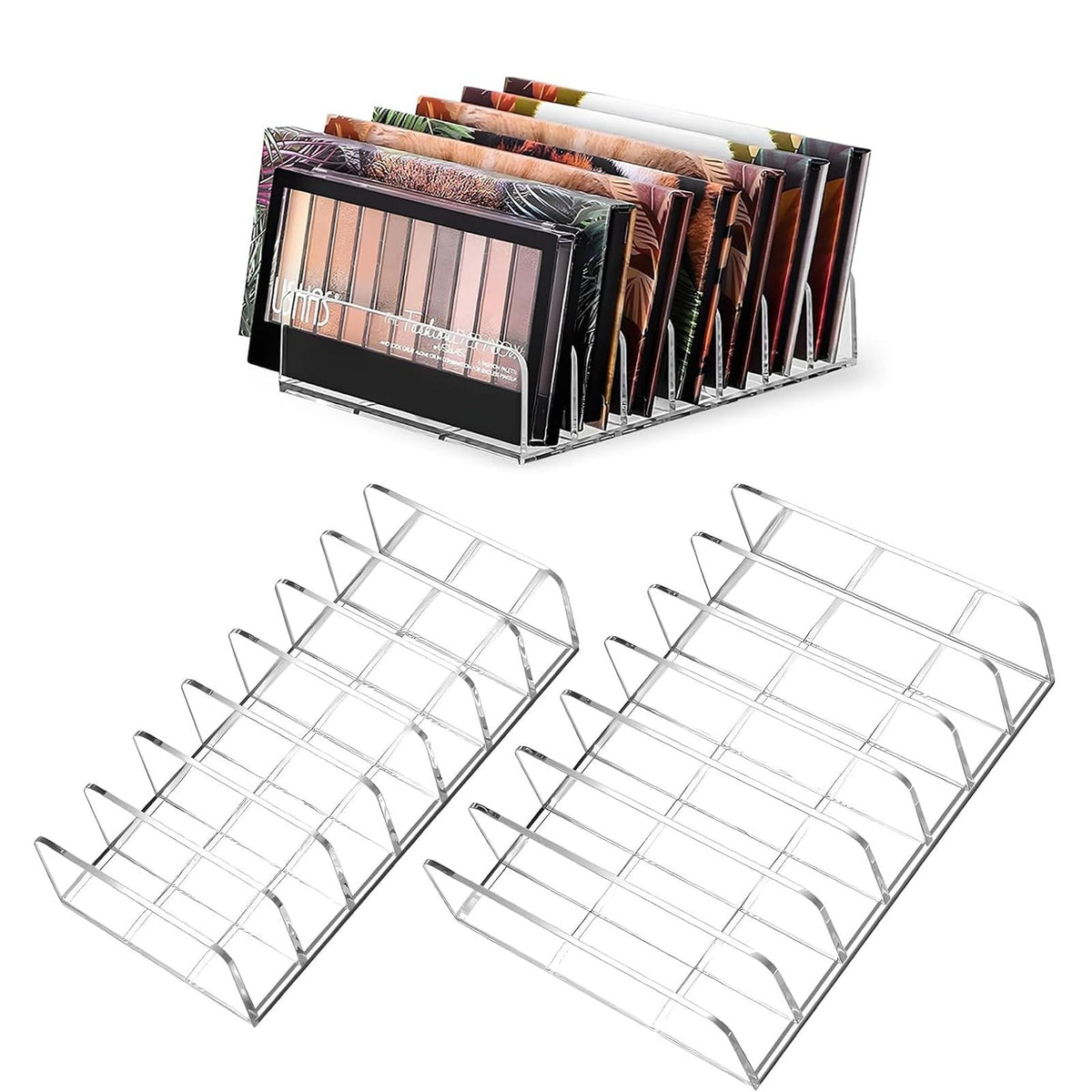 Acrylic Makeup Palette Organizer Set with 7 Compartments - Clear, Large & Small Sizes