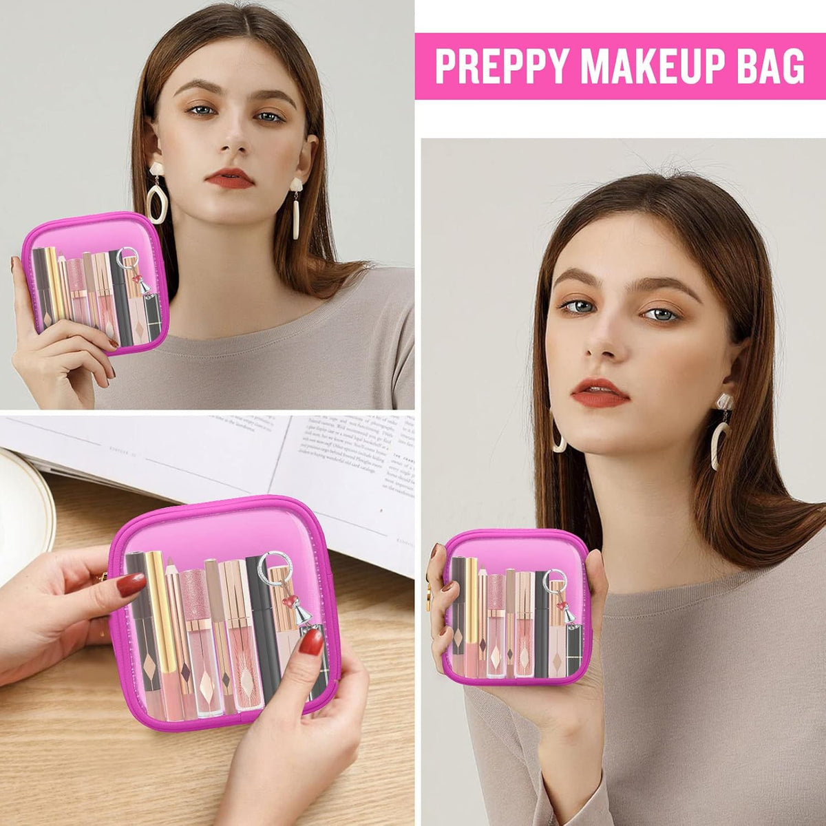 Clear Mini Travel Makeup Organizer Bag - Compact Pouch for Purse, Small Cute Preppy Cosmetic Bag