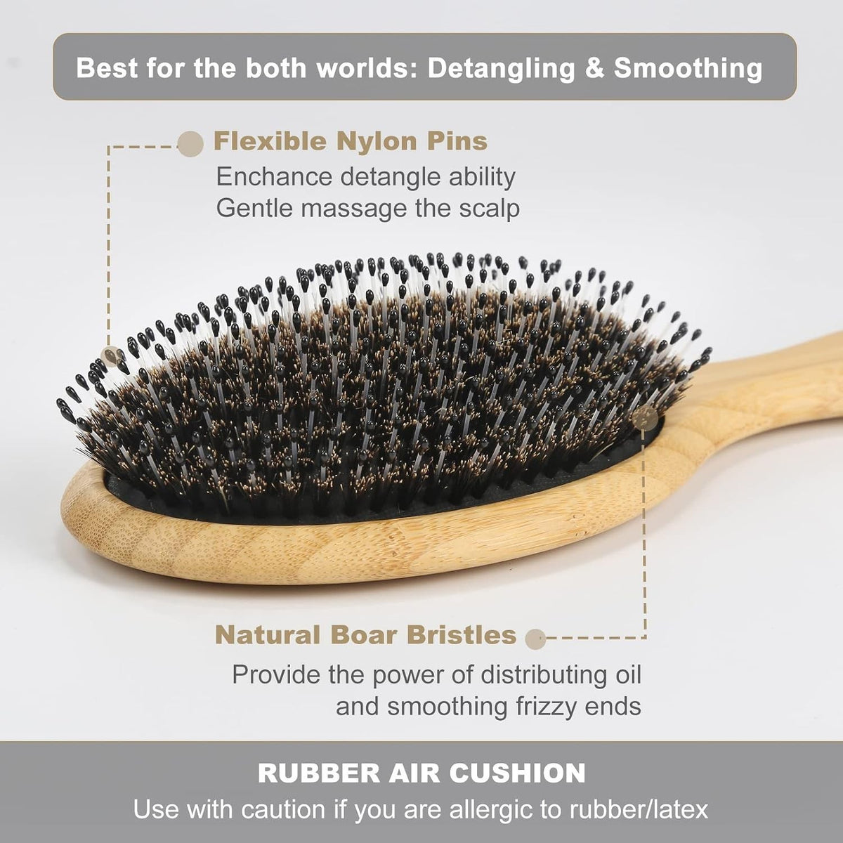 All-in-One Boar Bristle Bamboo Hairbrush for Detangling & Shine