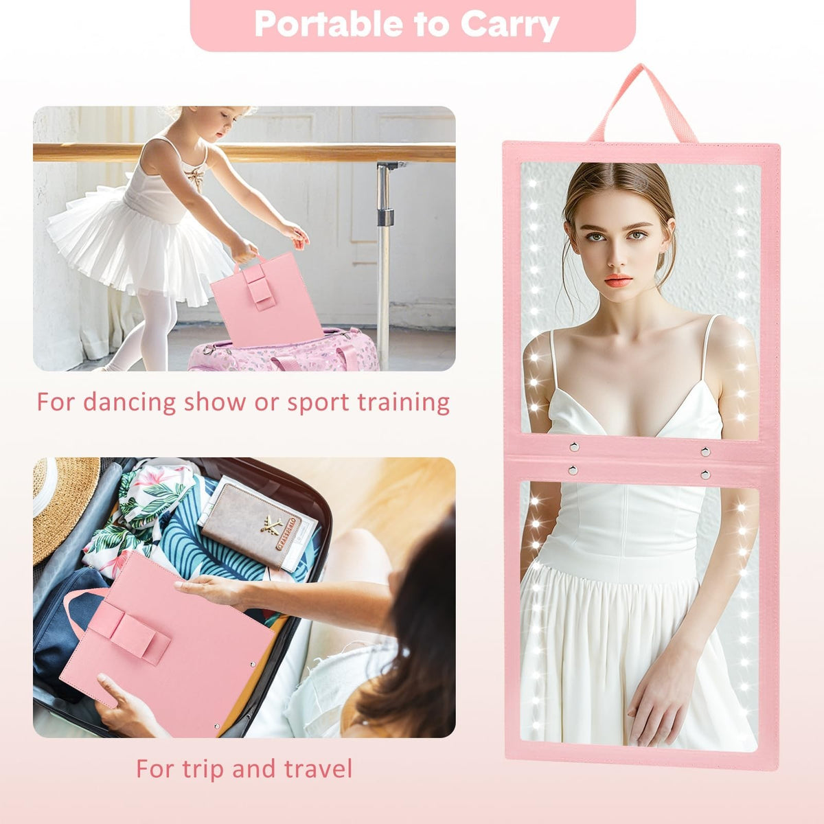 Rechargeable LED Folding Hanging Mirror for Dance Backstage Pink