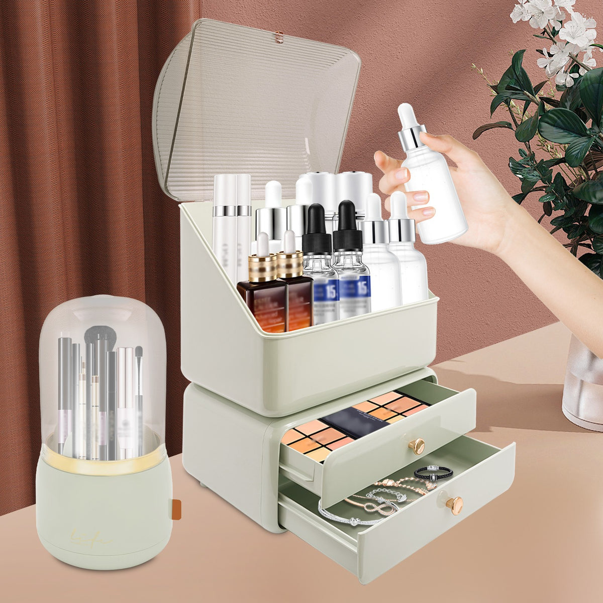 Makeup Organizer with Drawers and Brush Holder - Cosmetic Storage Container