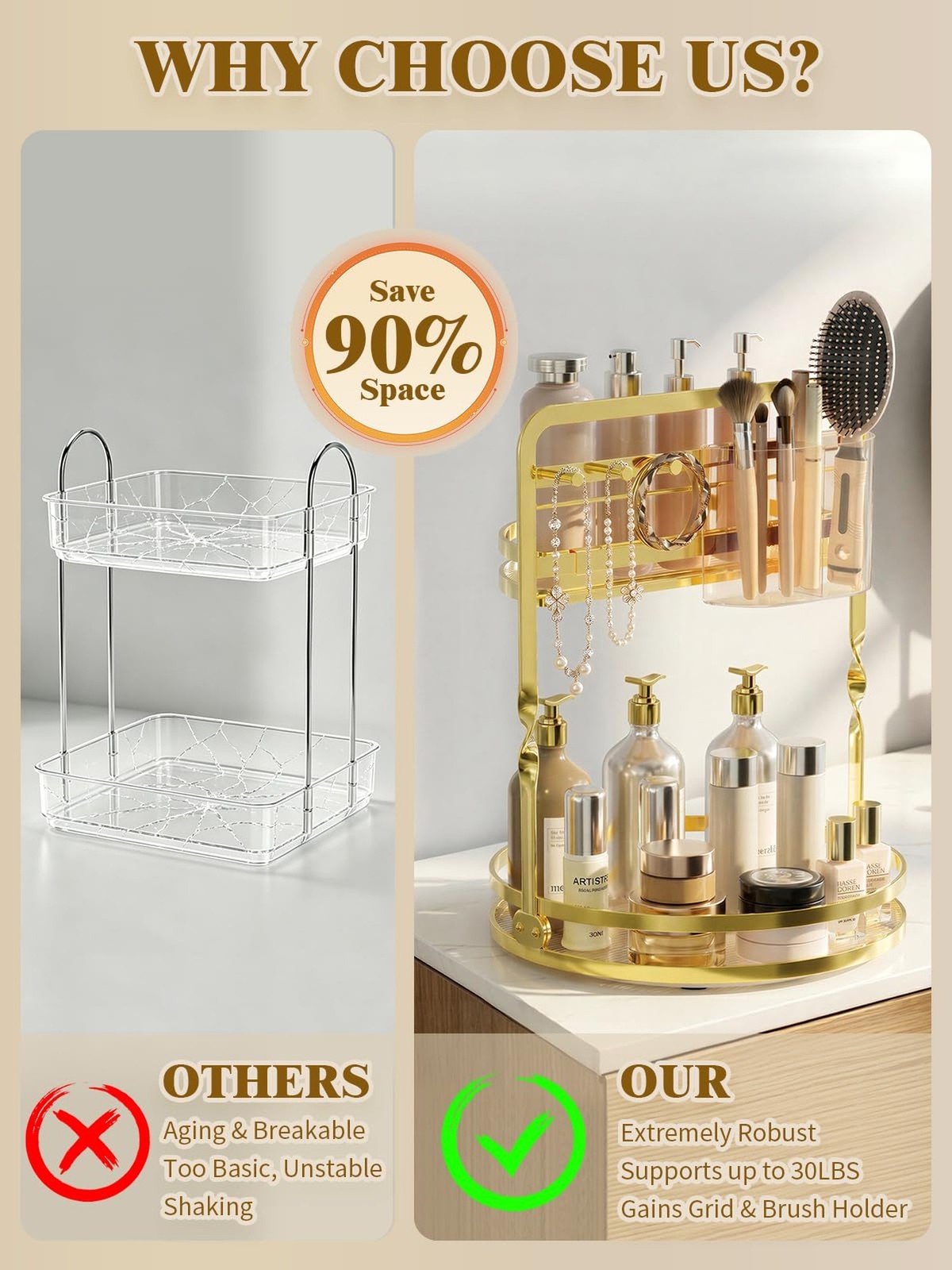 Rotating Makeup Organizer with 2-Tier Storage and Jewelry Hooks - Gold