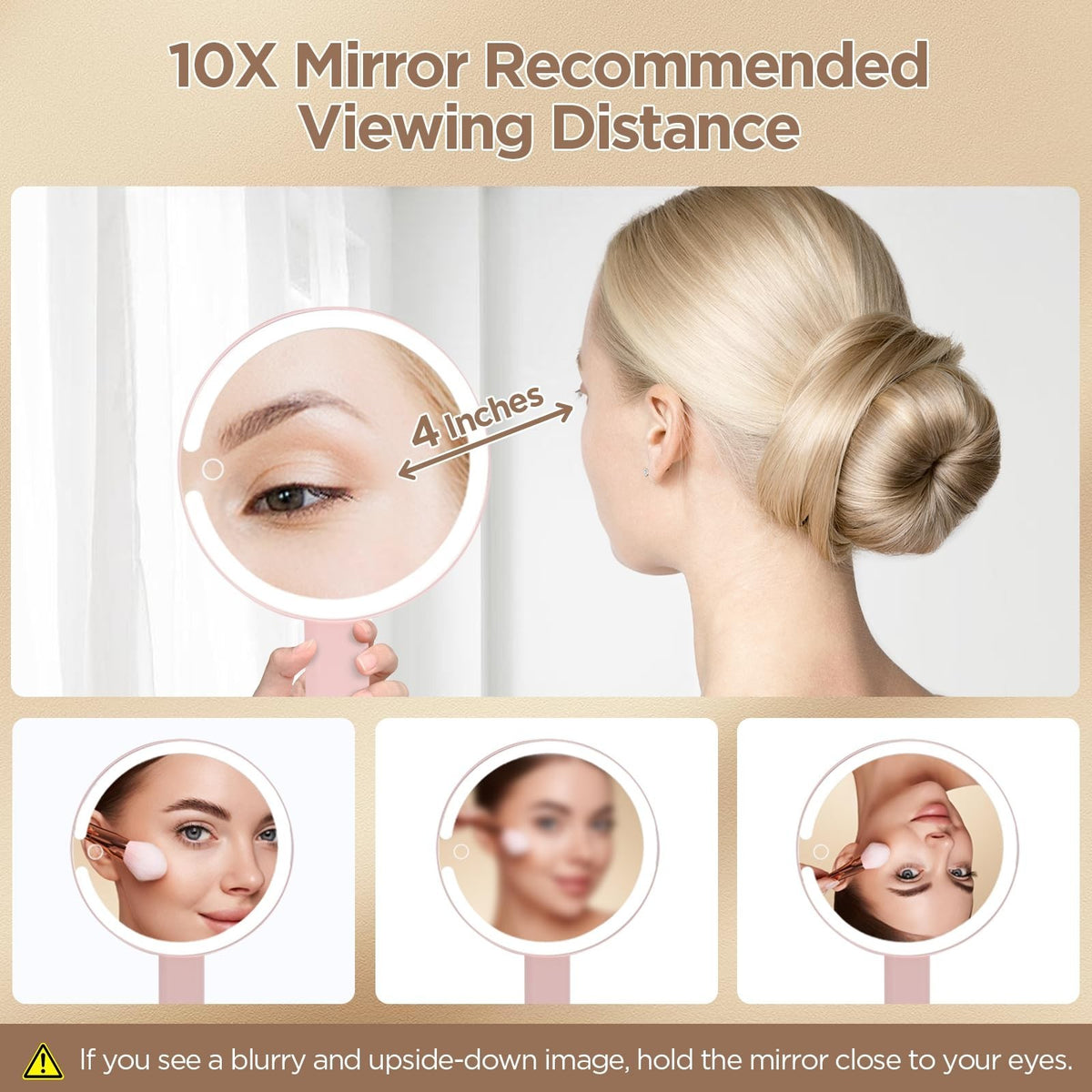 LED Makeup Mirror with Lights, Dimmable 3 Color Modes, 10X Magnification, Portable Vanity with Touch Control - Pink