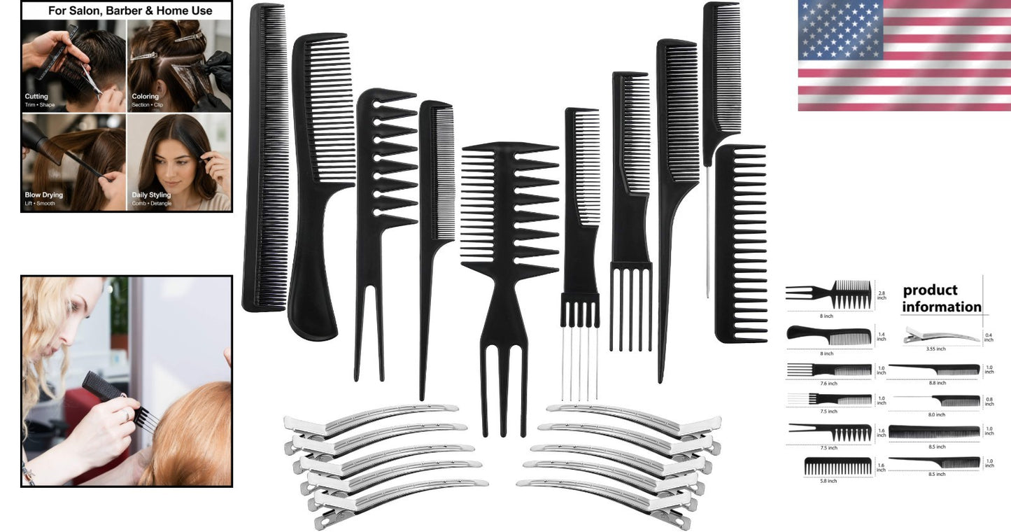 20-Piece Hair Comb Set with Styling Combs and Clips for Cutting & Coloring