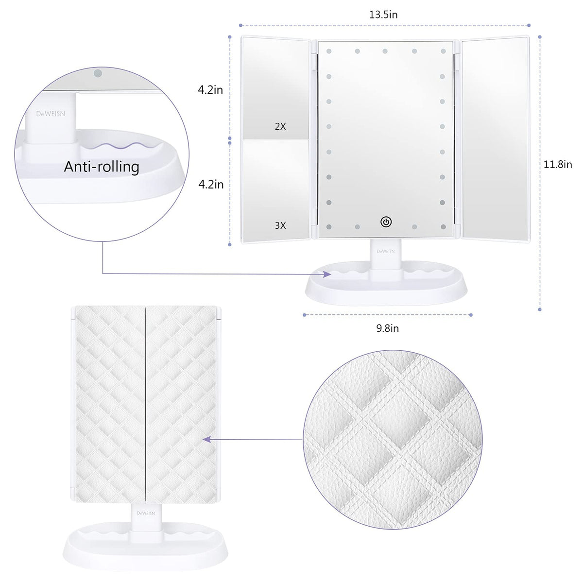 Lighted Vanity Makeup Mirror with 21 LEDs & 3x Magnification - Touch Control