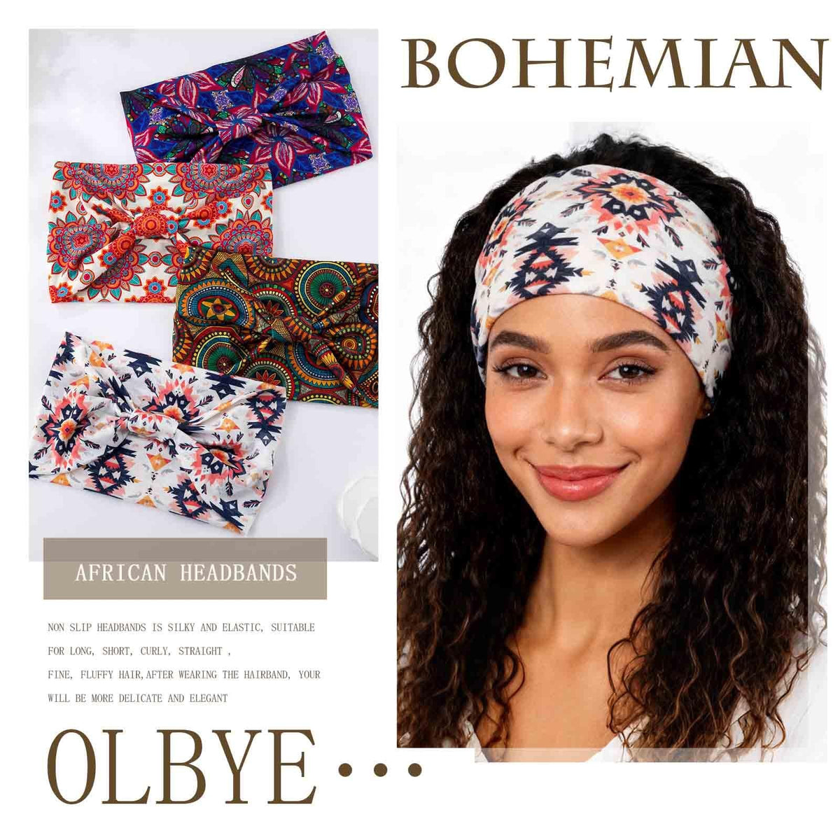 Wide Boho Headbands Floral Stretch Head 1 Count (Pack of 4), Trendy