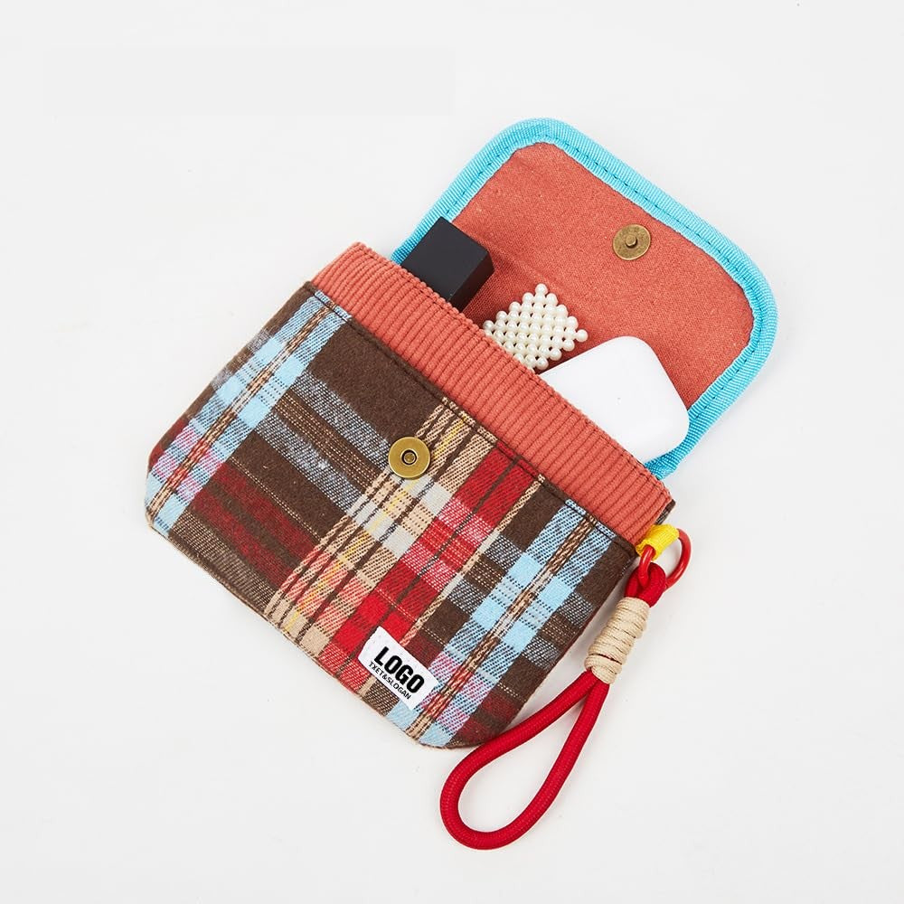 Mini Plaid Makeup Bag for Purse - Portable Cosmetic Organizer with Wrist Strap