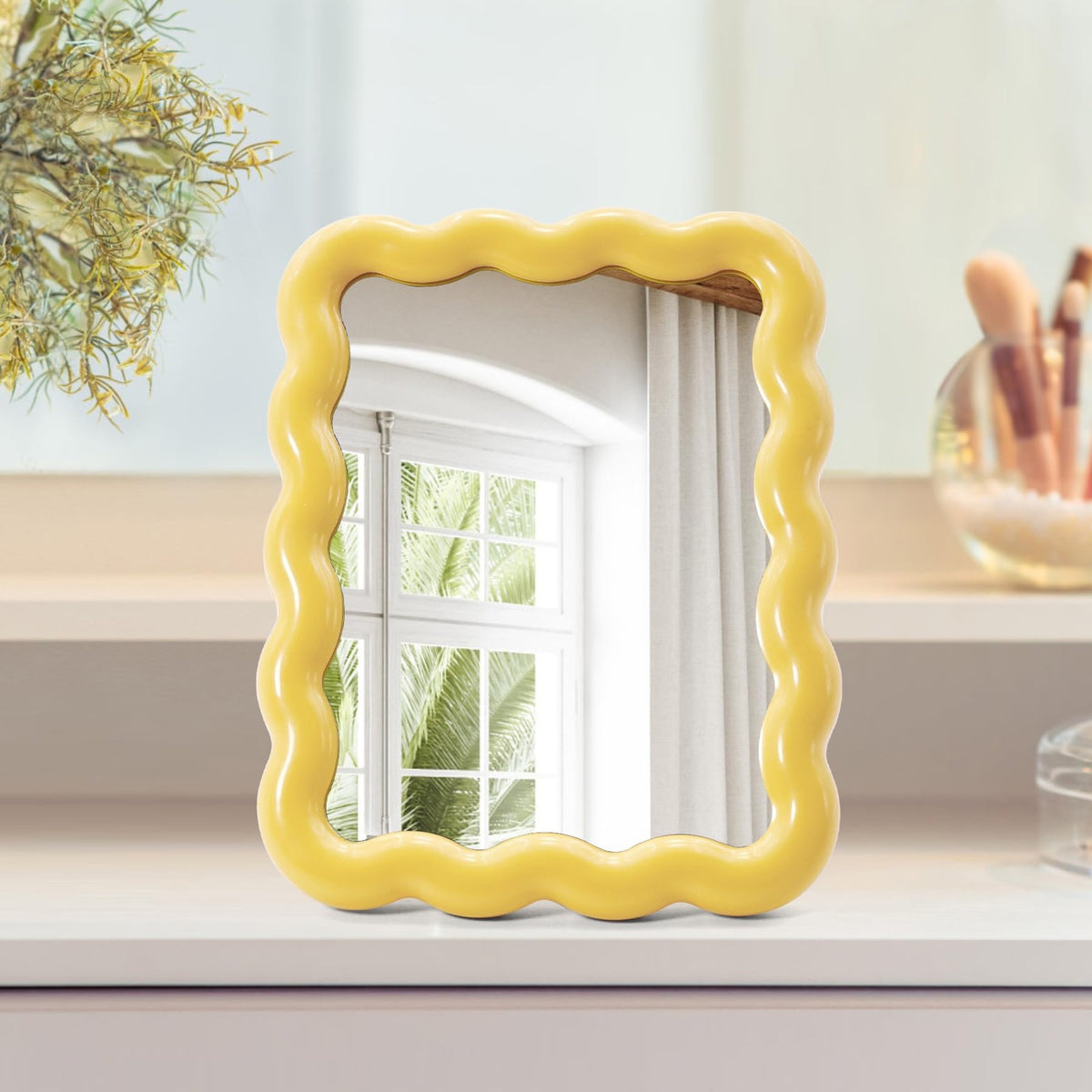 Cute Wave-Shaped Desktop Makeup Mirror - Travel Folding Vanity, Yellow
