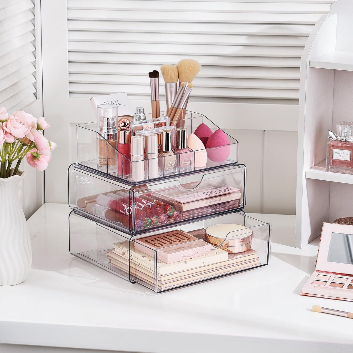 3 Tier Clear Makeup Organizer with Drawers for Cosmetics & Skincare