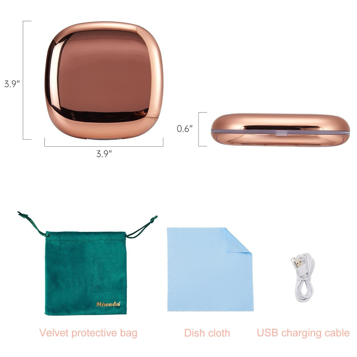 Rose Gold 4-Inch LED Travel Makeup Mirror with 1X/10X Magnification, Dimmable Light, USB Rechargeable