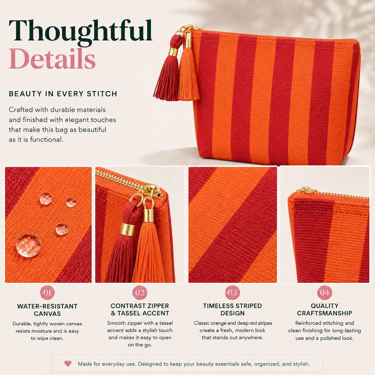 Travel Cosmetic Bag for Women - Red and Orange Stripe Canvas Makeup Case