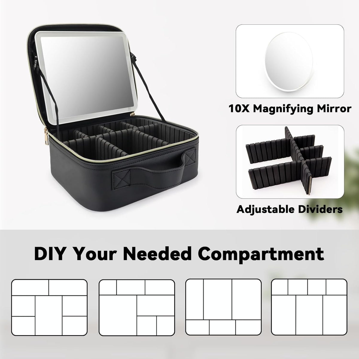 Travel Makeup Bag with LED Mirror and 10X Magnifying Glass - Portable Organizer