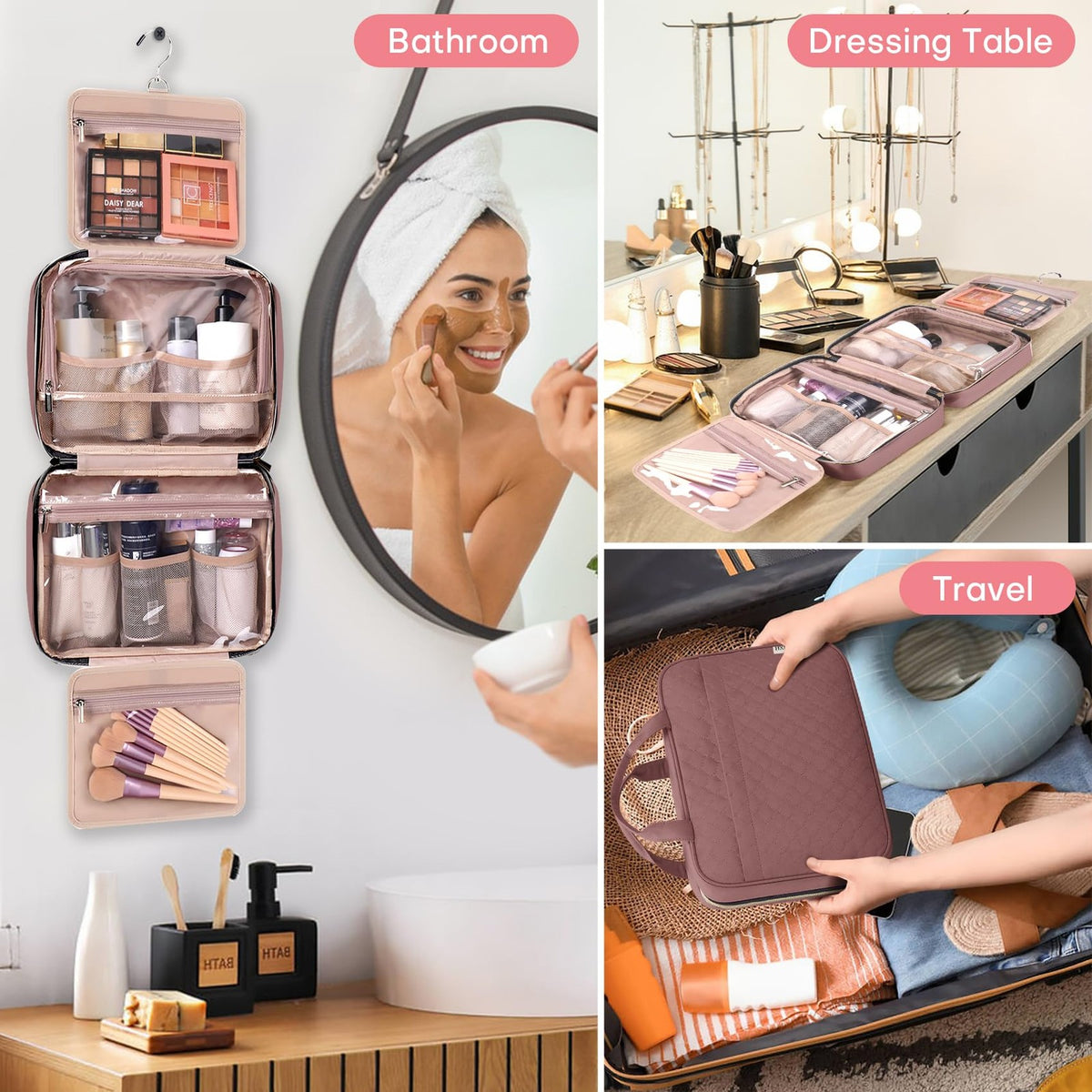 Women’s Travel Toiletry Bag with Hanging Hook Water-Resistant Makeup Organizer