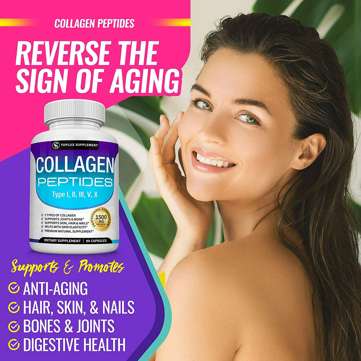 Collagen Peptides Supplement 1500MG Hydrolyzed Anti-Aging Capsules for Skin Hair Nails & Joints