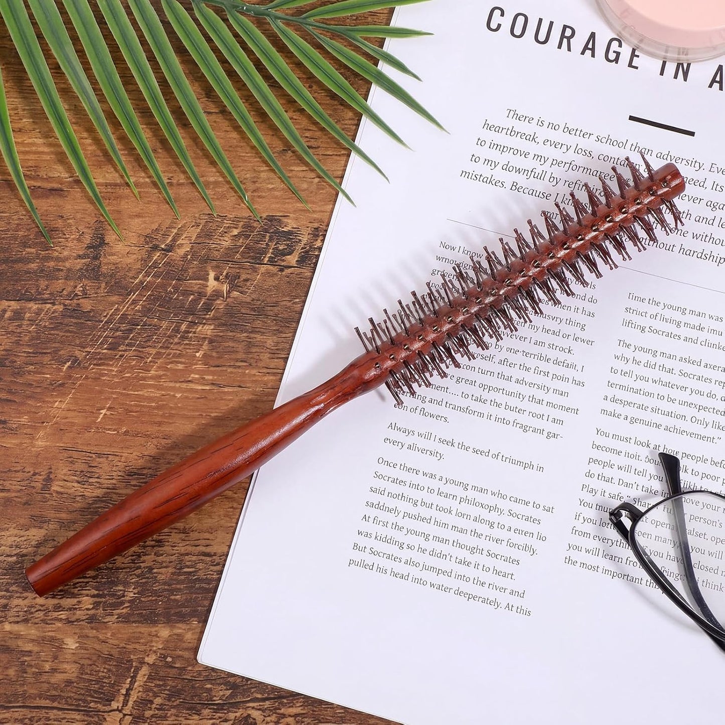 Round Wooden Hair Brush with Nylon Bristles - Travel Detangling & Styling Tool