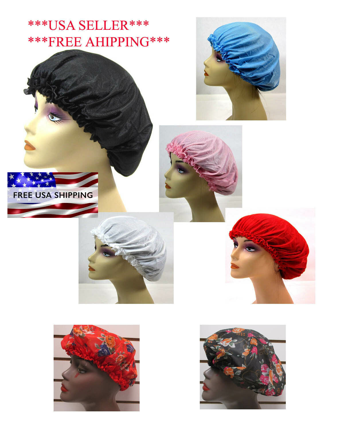 CHOOSE COLOR-X LARGE SATIN SLEEP CAP ELASTIC- BLK,WHITE,RED,BLUE,PINK