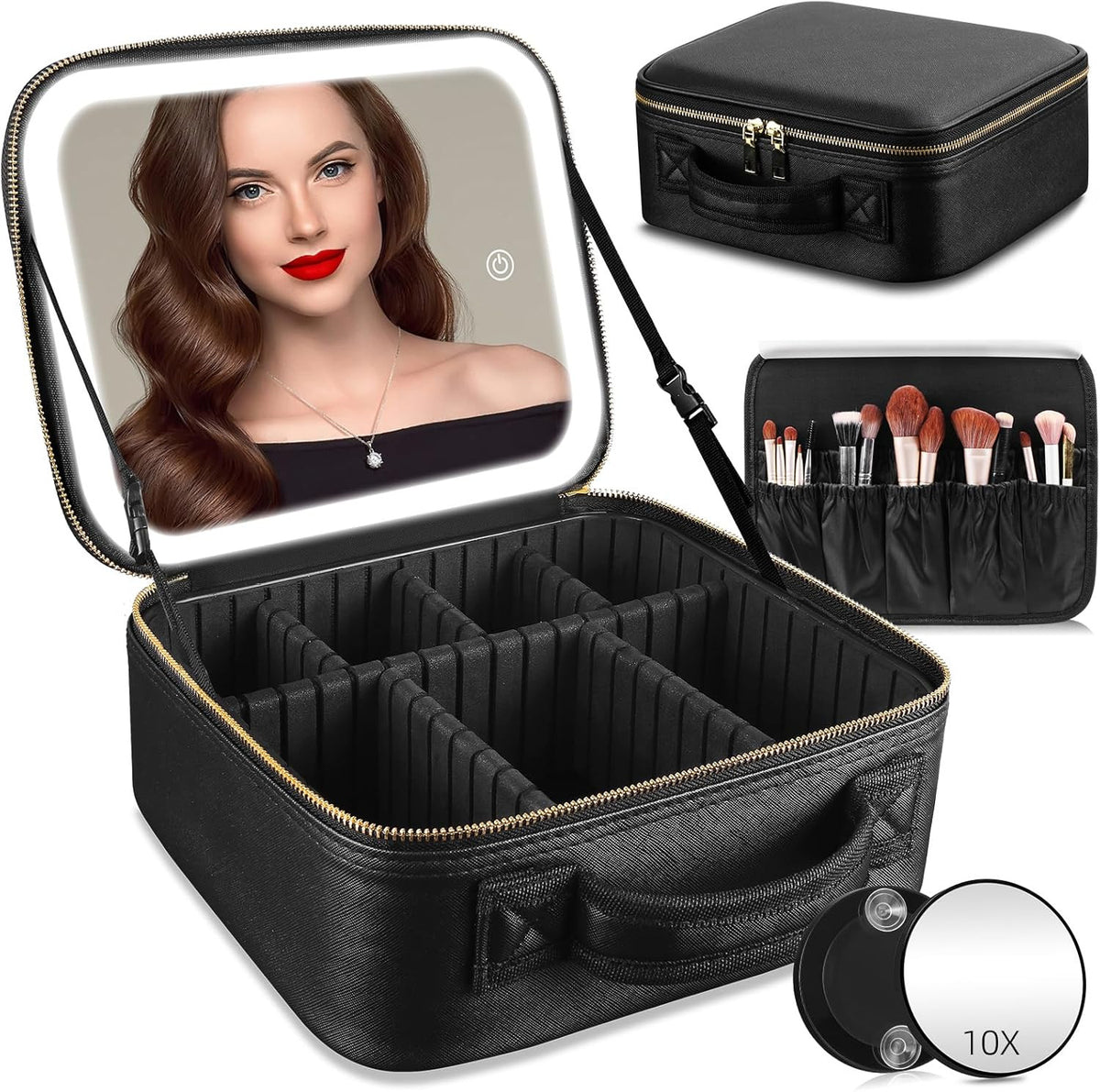 Portable Makeup Organizer with LED Mirror 10x Magnification and Adjustable Dividers