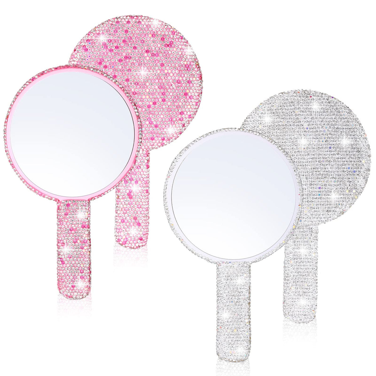 2-Piece Rhinestone Hand Mirror Set Pink White Bling Wedding Makeup Accessories