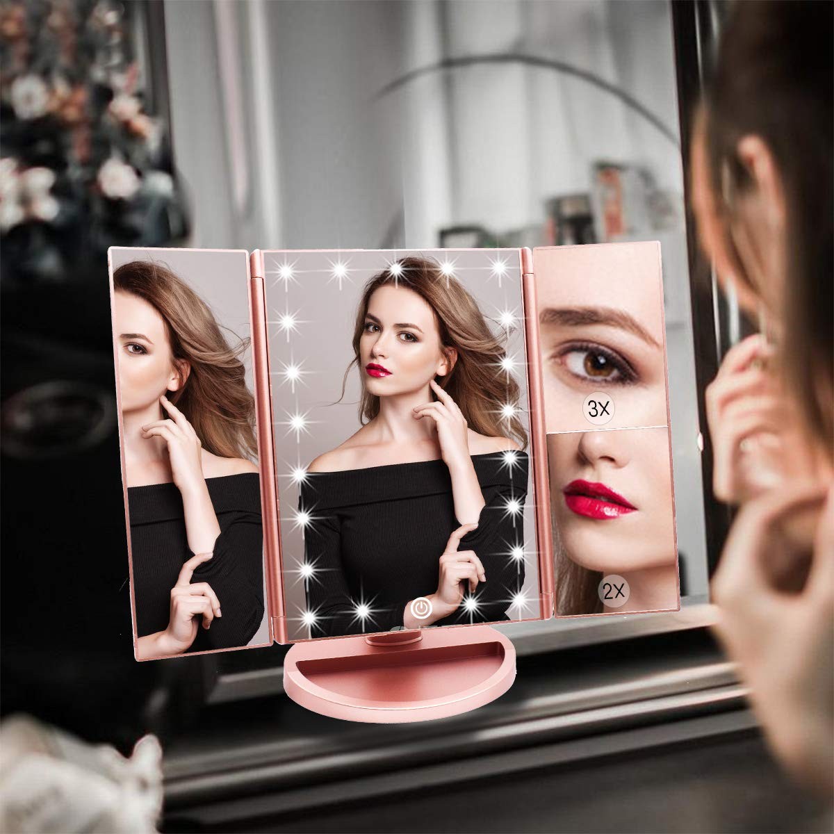 Makeup Mirror with 21 LED Lights, 2X & 3X Magnification, Rose Gold