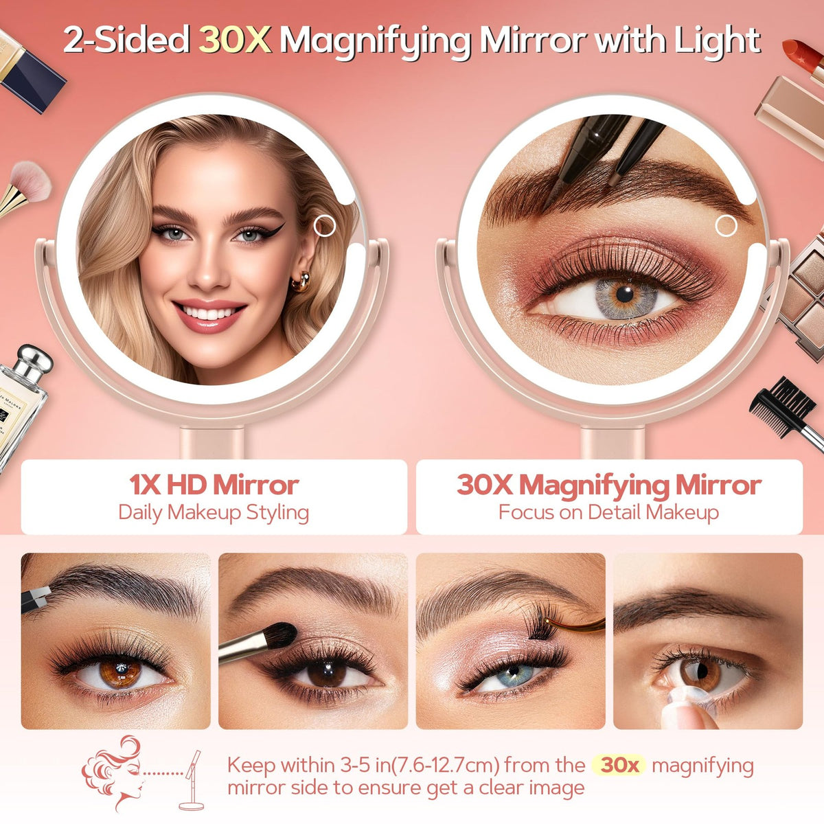 Adjustable 30X Lighted Makeup Mirror with 3 Lighting Modes - Pink Vanity