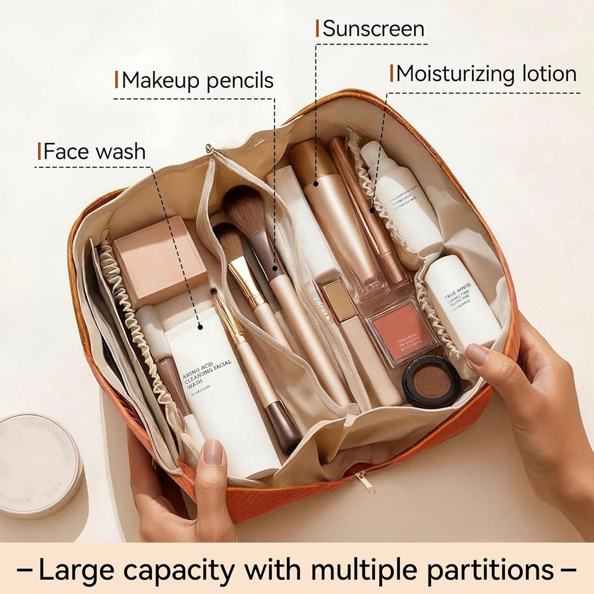 Travel Open Flat Toiletry Bag Waterproof Leather Cosmetic Organizer