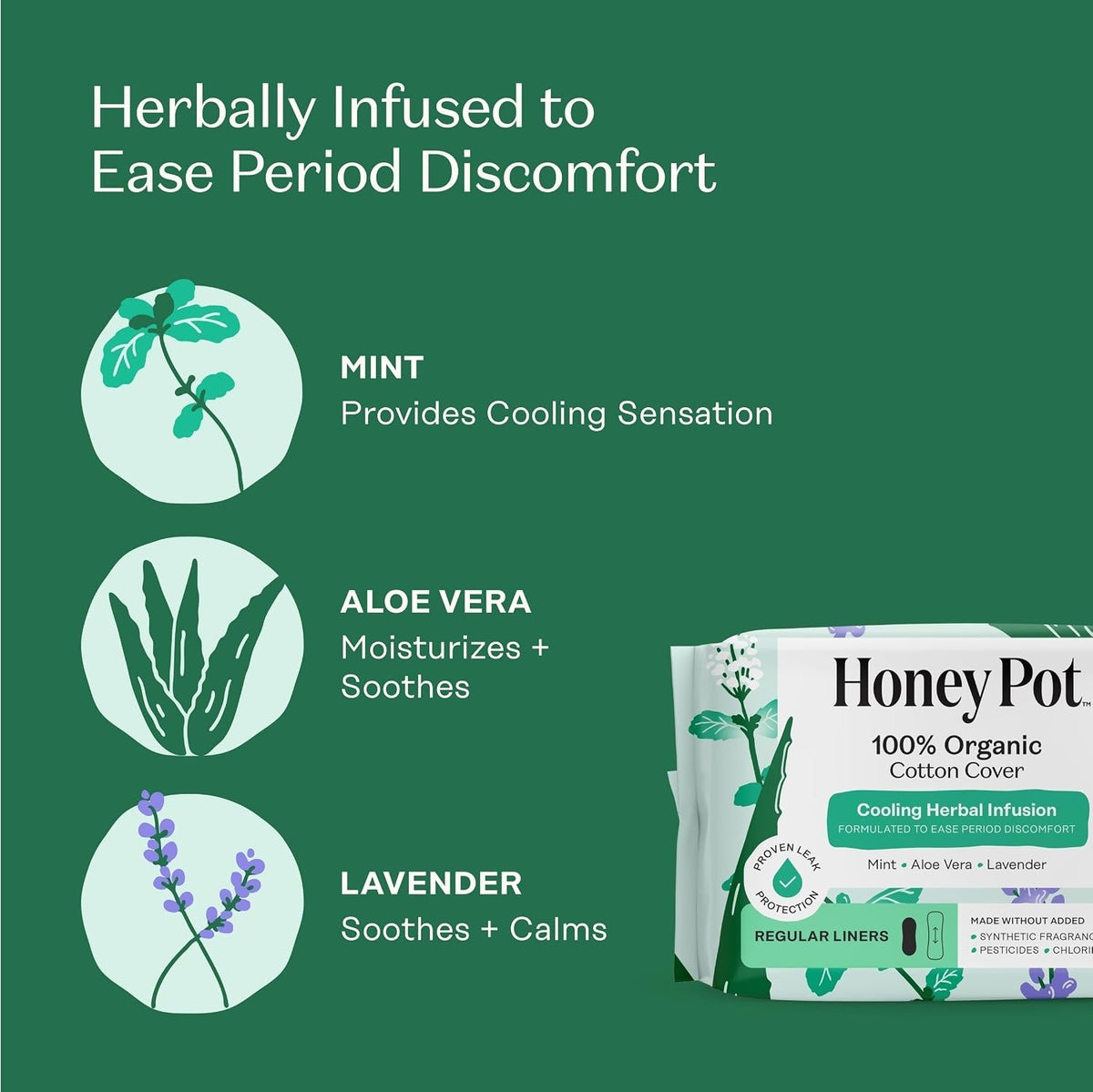 Herbal Infused Panty Liners - Organic Cotton, Cooling Effect, 30 Count Pack of 4