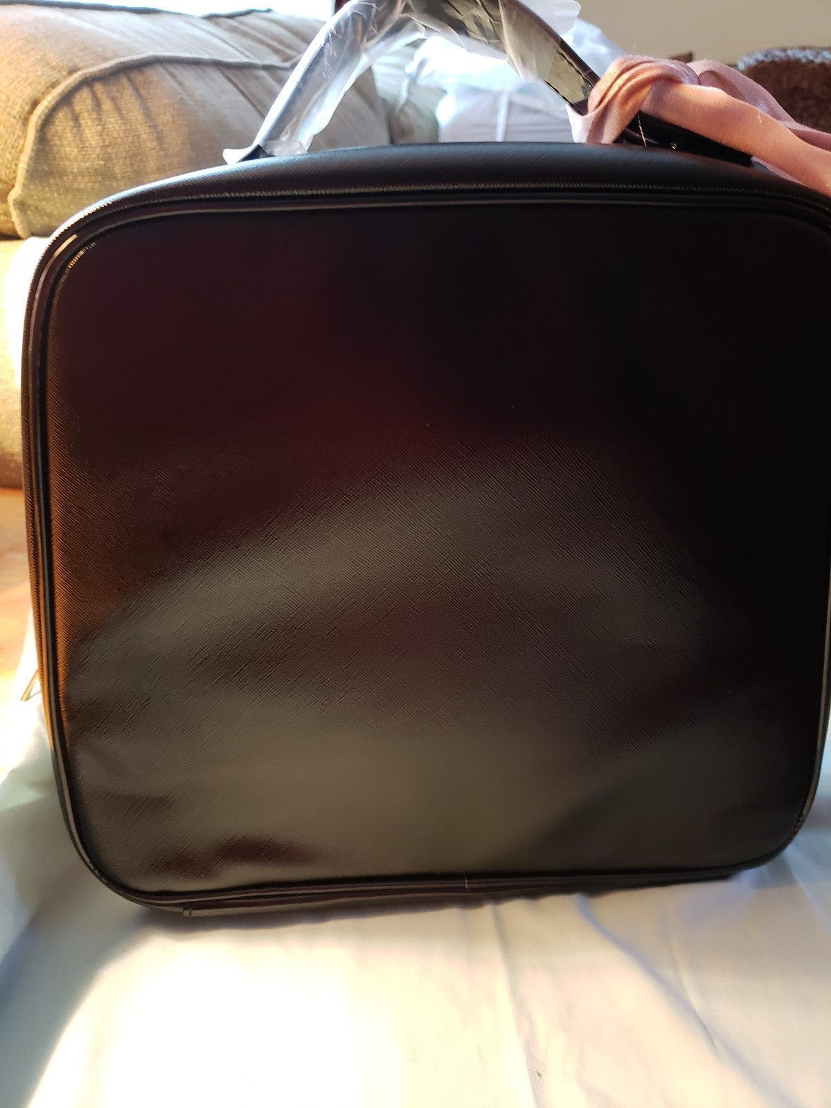 Large Black Faux Leather Train Case with Pink Scarf Travel Organizer