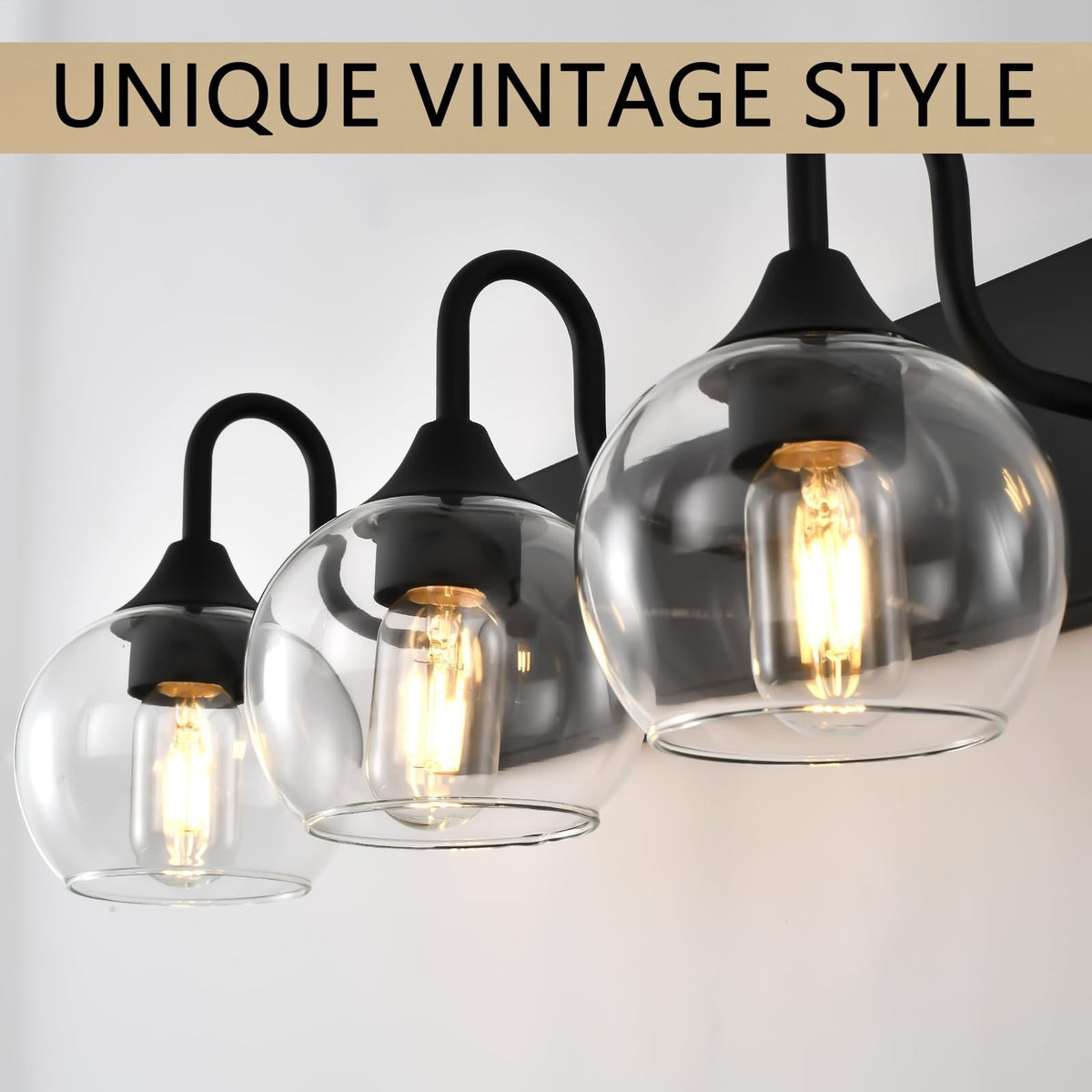 3-Light Matte Black Bathroom Vanity Light with Glass Globe Shades