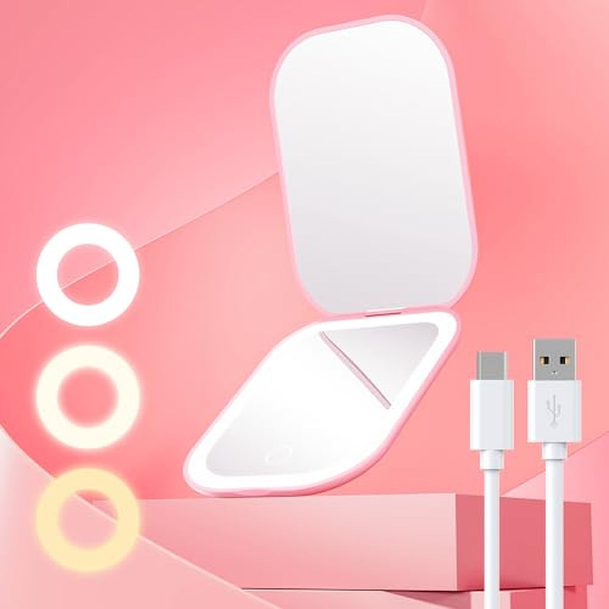 Lighted Travel Makeup Mirror - Compact Dimmable Magnifying with USB Pink