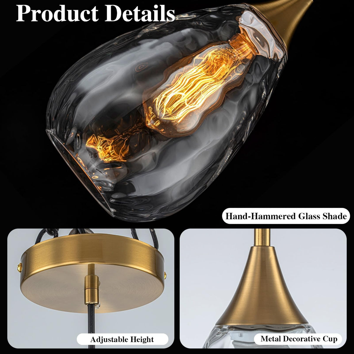 6.3-Inch Gold Glass Pendant Light with Ripple Shade, Adjustable Modern Farmhouse Lighting