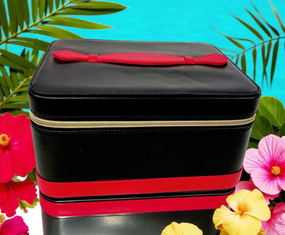Large Leather Cosmetic Storage Box with Mirror - Black & Red Organizer