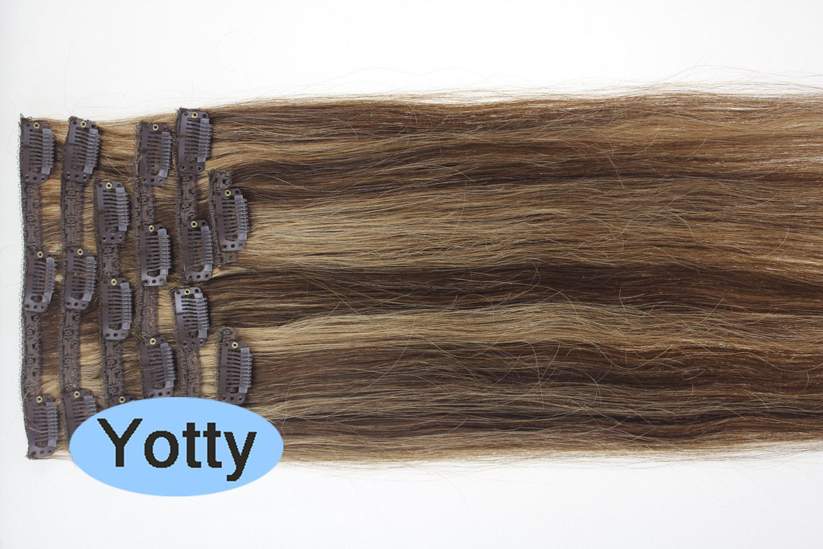 Remy Human Hair Extensions Clip-In Set – Medium Brown Mix Dark Blonde 26 Inch, 8 Pieces, Shedding-Free, Natural Look
