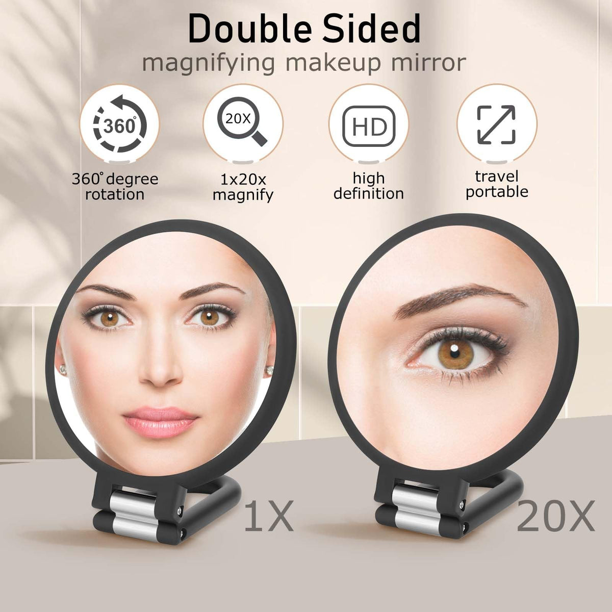 Double Sided Magnifying Handheld Mirror 1X 20X for Makeup & Travel