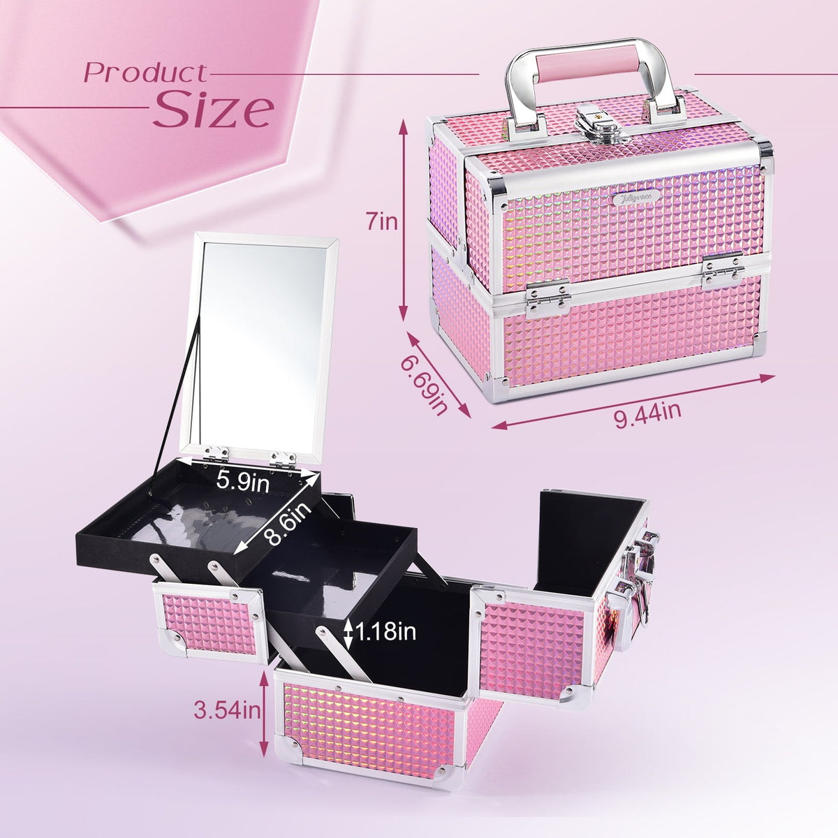 Large Pink Makeup Train Case with Mirror and Lockable Compartments