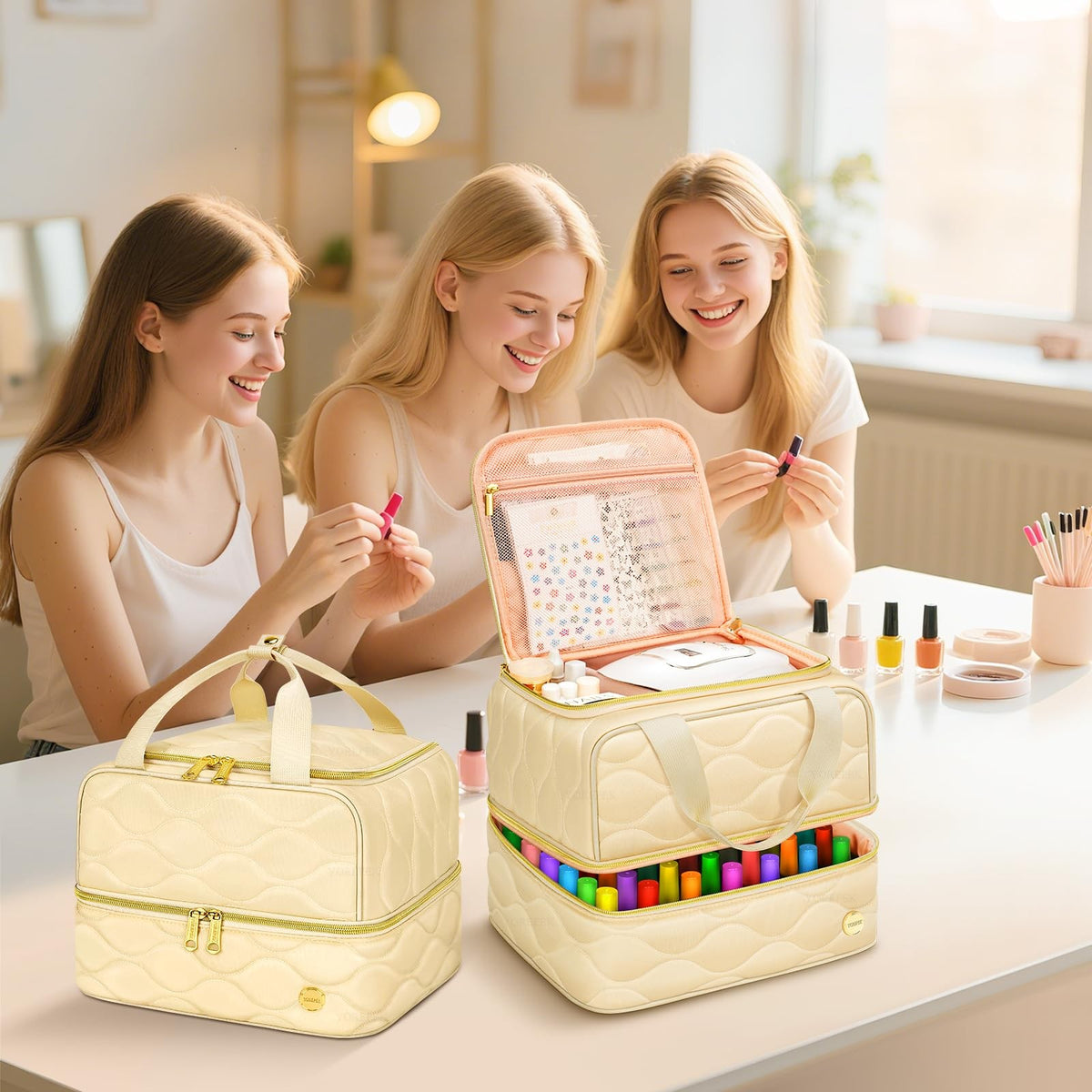 Beige 2-Layer Nail Polish Organizer Case Holds 42 Bottles Travel-Friendly Manicure Storage