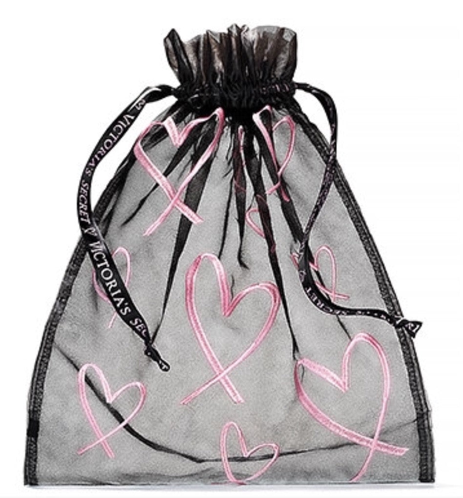 Lingerie Bag Pouch with Drawstring Mesh for Bras & Panties - Black & Pink Hearts