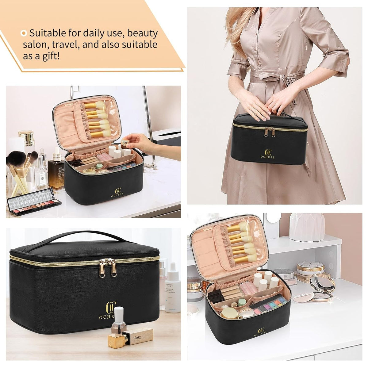 Large Capacity Travel Makeup Bag Organizer with Divider and Handle - Waterproof Vegan Leather