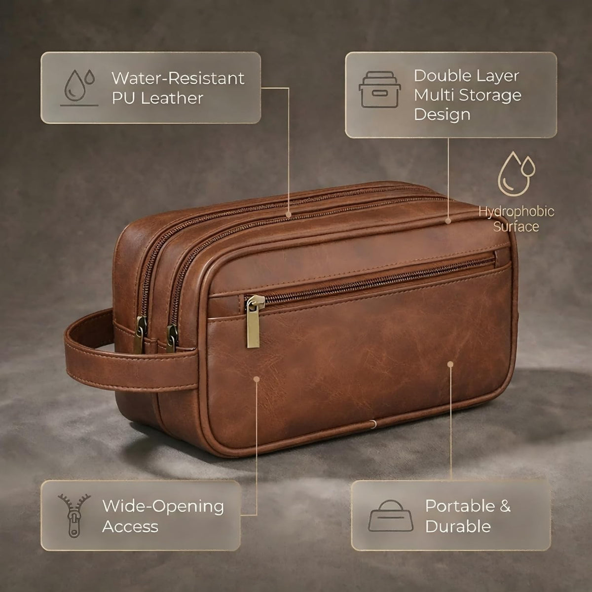Men's Leather Travel Toiletry Bag Double Deck Waterproof Grooming Organizer