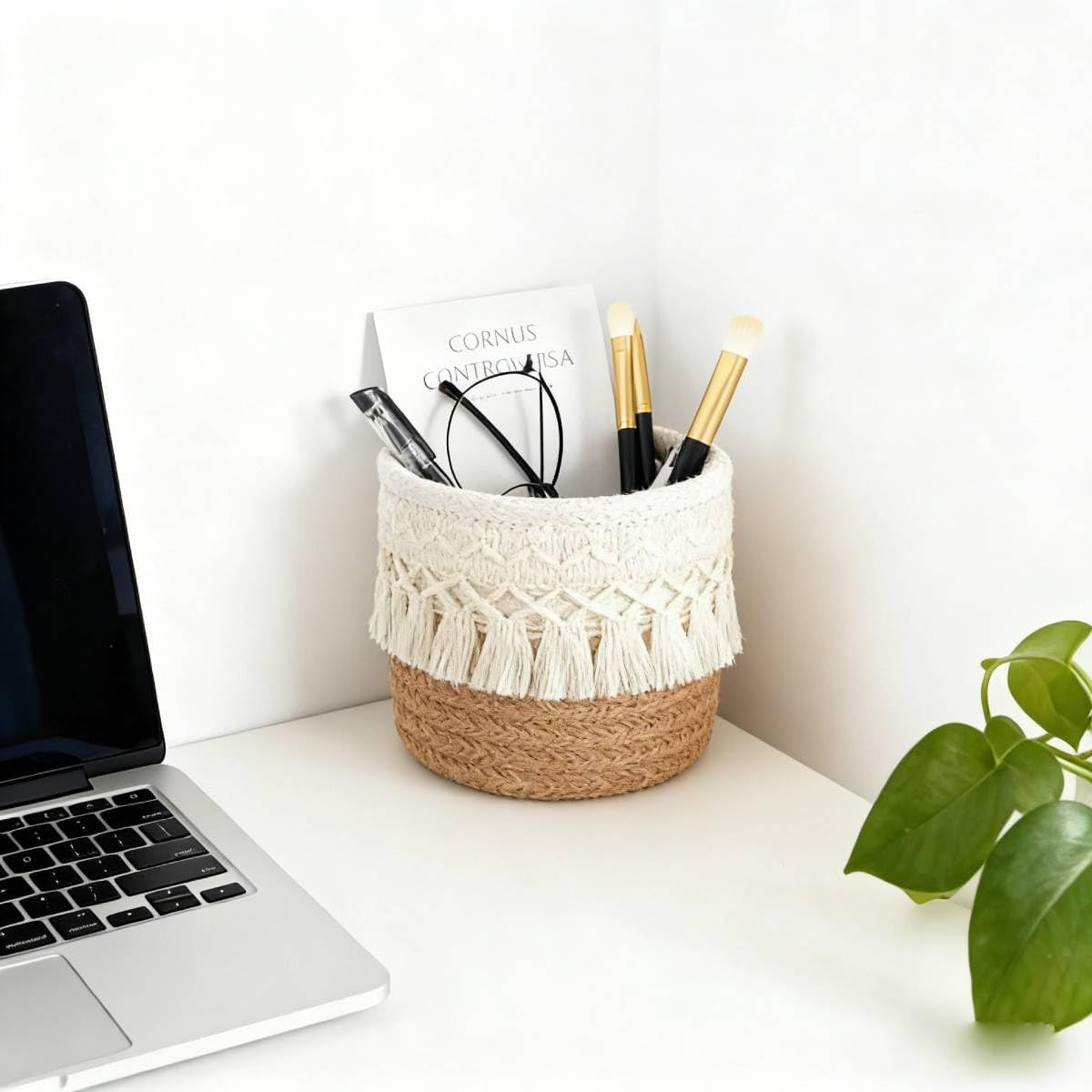 Macrame Makeup Brush Holder Organizer Set - Boho Decor Storage, White & Brown