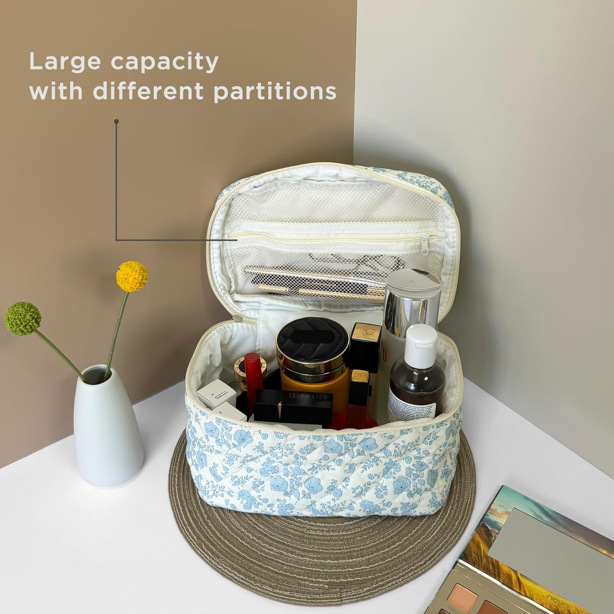 Large Travel Quilted Makeup Bag - Cosmetic Organizer & Toiletry Pouch