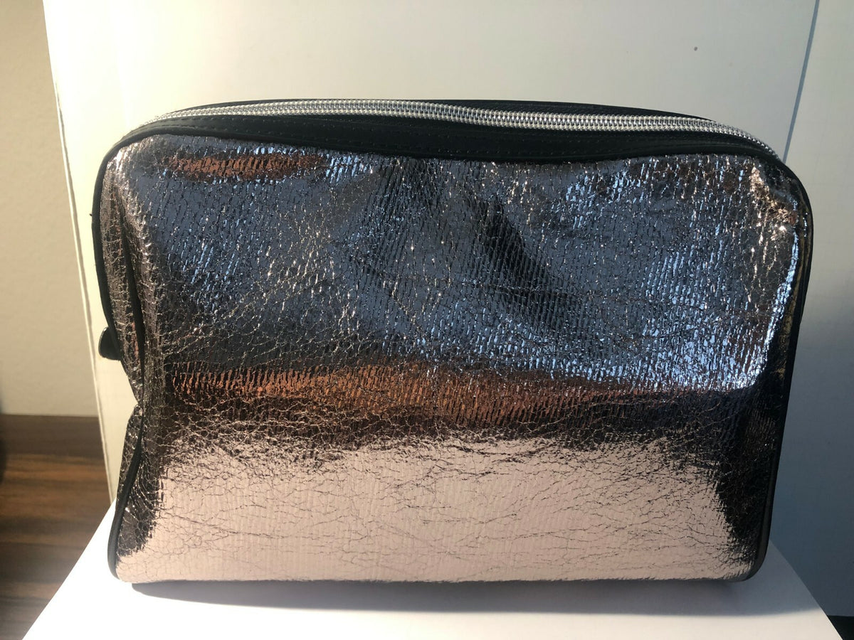 Light Brown Shimmer Makeup Bag with Black Frame - Cosmetic Toiletry Organizer