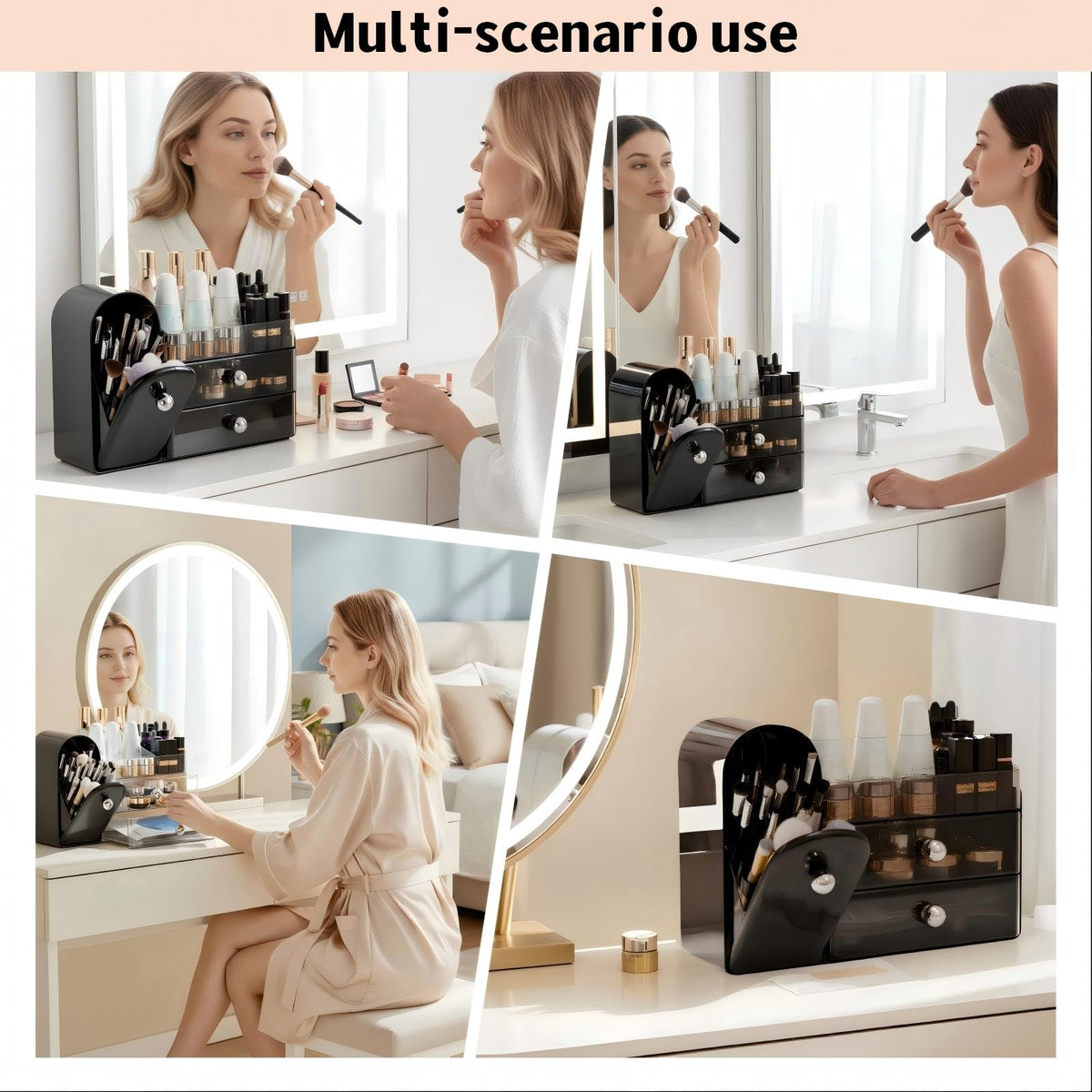 Makeup Organizer with Brush Holder and Drawers for Vanity - Black