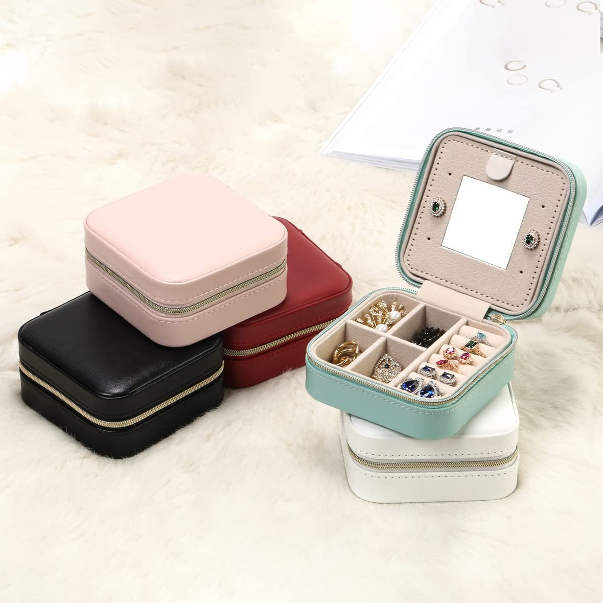 Travel Jewelry Case with Mirror - Compact Jewelry Organizer for Earrings, Rings, Necklaces - Black
