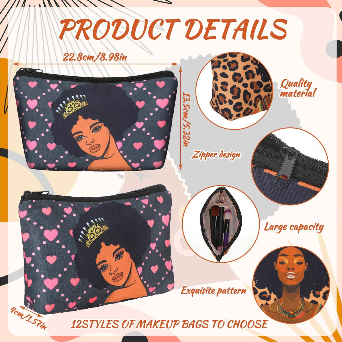 12-Piece Black Women Makeup Bag Set with Leopard Print – Travel & Cosmetic Pouches